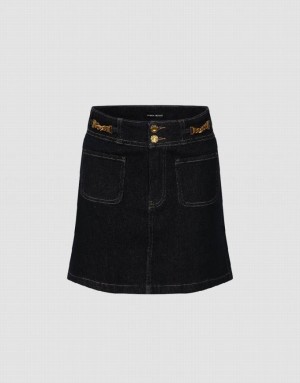 Blue Urban Revivo Chain Decor Mini A-Line Women's Denim Skirt | 90658WYCJ