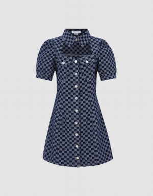 Blue Urban Revivo Checkered Cut Out Front Women's Denim Dress | 28379HGLY