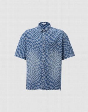 Blue Urban Revivo Checkered Denim Men's Shirts | 98014YXUV