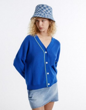 Blue Urban Revivo Contrast Stitch Women's Cardigan | 61732XHJR