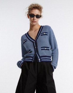 Blue Urban Revivo Contrast Trim Women's Cardigan | 64387NAUO