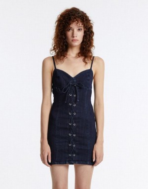 Blue Urban Revivo Corset Style Women's Denim Dress | 79820AIBK