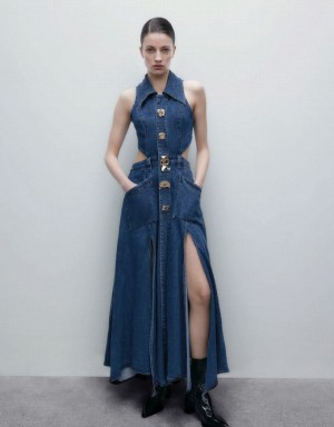 Blue Urban Revivo Cut-Out Sleeveless Lapel Women's Denim Dress | 02785MTKD