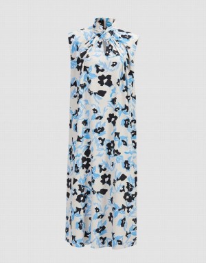 Blue Urban Revivo Cut Out Floral Print Sleeveless Women's Casual Dress | 86234XORS