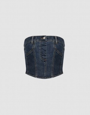 Blue Urban Revivo Denim Top Women's Shirts | 75930QOXP