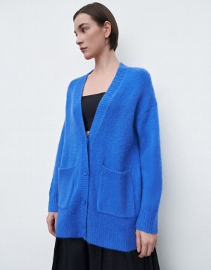 Blue Urban Revivo Drop Shoulder Sleeve V-Neck Knitted Women's Cardigan | 64120KTHL