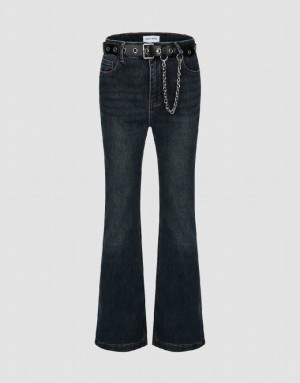 Blue Urban Revivo Flare With Belt Women's Jeans | 98210IPGQ