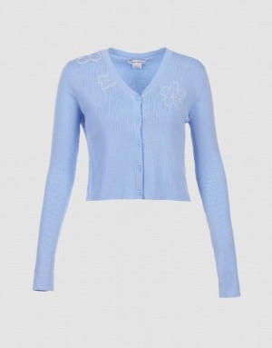 Blue Urban Revivo Floral Embroidery Button Up Women's Cardigan | 85467HMEZ