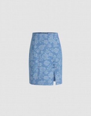 Blue Urban Revivo Floral Jacquard Frog Button Women's Denim Skirt | 62508MGIP