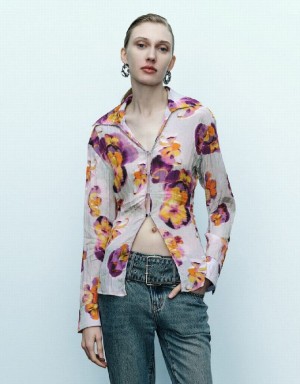 Blue Urban Revivo Flower Printed Women's Shirts | 39168OJRM