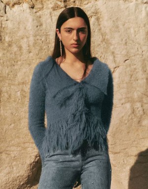 Blue Urban Revivo Furry Off-Shoulder Knitted Women's Cardigan | 10258RCNW