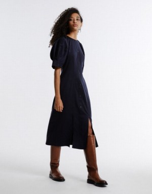 Blue Urban Revivo Gathered Waist Puff Sleeve Women's Casual Dress | 46293TBUH