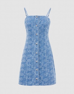 Blue Urban Revivo Geo Pattern Cami Women's Denim Dress | 62793DIVB