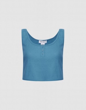 Blue Urban Revivo Half Button Ribbed Knit Women's Tank Top | 38146GNZC