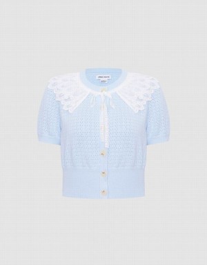 Blue Urban Revivo Lace Collar Pointelle Button Up Women's Cardigan | 12489IVRY