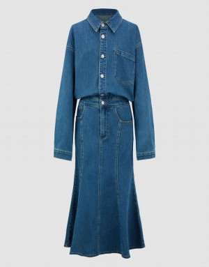 Blue Urban Revivo Lapel Women's Denim Dress | 54298XTFI