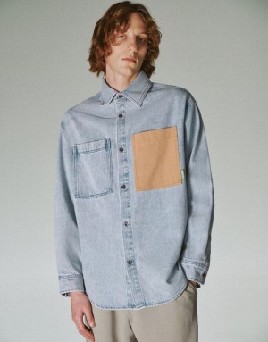 Blue Urban Revivo Loose Denim Men's Shirts | 82460GVZH