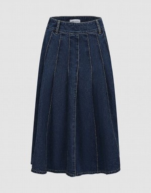 Blue Urban Revivo Midi A-Line With Belt Women's Denim Skirt | 46739VCRB