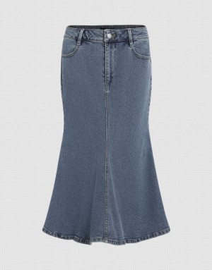 Blue Urban Revivo Midi Fishtail Women's Denim Skirt | 47698YWPV