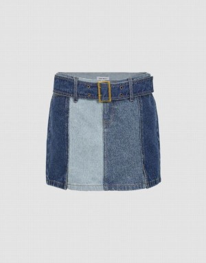 Blue Urban Revivo Mini A-Line With Belt Women's Denim Skirt | 60415HUYX