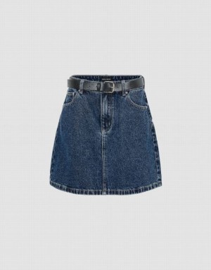 Blue Urban Revivo Mini A-Line With Belt Women's Denim Skirt | 72150DZLF