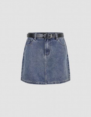 Blue Urban Revivo Mini A-Line With Belt Women's Denim Skirt | 56240BISY