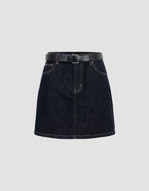 Blue Urban Revivo Mini A-Line With Belt Women's Denim Skirt | 01524NFWR