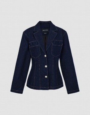 Blue Urban Revivo Notch Lapel Denim Women's Shirts | 17506FXRK