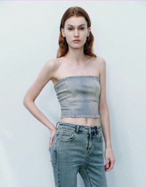 Blue Urban Revivo Off-Shoulder Denim Tube Top Women's Shirts | 19547EMWJ