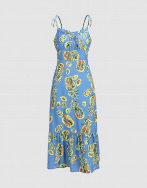 Blue Urban Revivo Pineapple Print Tie Strap Ruffle Hem Cami Women's Dress | 41720BVTQ