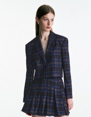 Blue Urban Revivo Plaid Cropped Women's Blazers | 84137MCKW