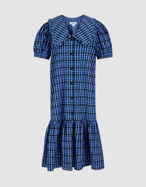 Blue Urban Revivo Plaid Puff Sleeve Ruffle Hem Women's Casual Dress | 39067ZINH