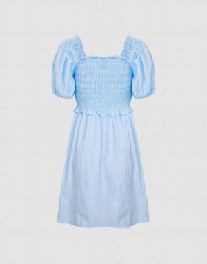 Blue Urban Revivo Plain Shirred Puff Sleeve Women's Casual Dress | 93406MIDR