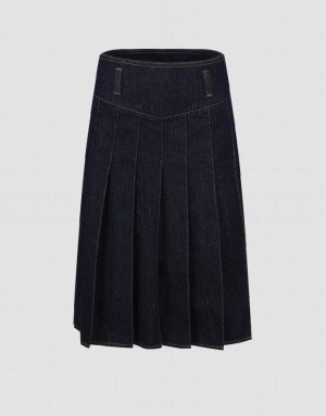 Blue Urban Revivo Pleated Midi A-Line Women's Denim Skirt | 57104YTHA