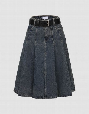 Blue Urban Revivo Pleated Mini A-Line Women's Denim Skirt | 98247SXRJ