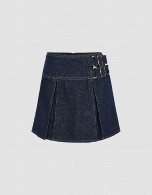 Blue Urban Revivo Pleated Mini Women's Denim Skirt | 83657OZJL