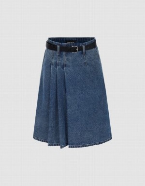 Blue Urban Revivo Pleated With Belt Women's Denim Skirt | 68275RGBU