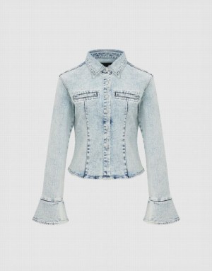 Blue Urban Revivo Press Button Denim Women's Shirts | 05281MHLW