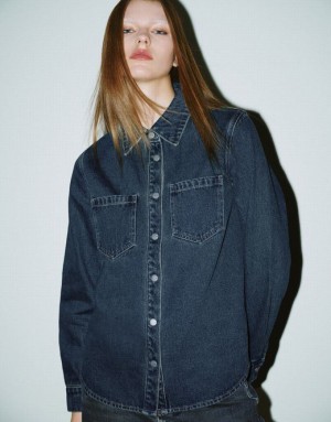 Blue Urban Revivo Press Buttoned Denim Women's Shirts | 36501FGEM