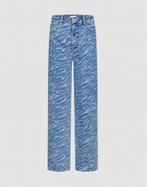 Blue Urban Revivo Printed Flare Women's Jeans | 06381FHBS