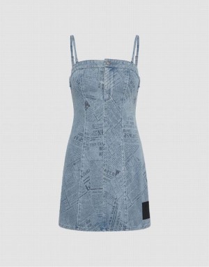 Blue Urban Revivo Printed Strappy Women's Denim Dress | 28037QXBO