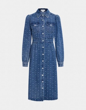 Blue Urban Revivo Puff Sleeve Button Up Women's Denim Dress | 86701VDFL