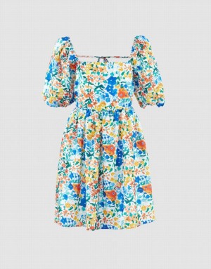 Blue Urban Revivo Puff Sleeve Floral Print Women's Casual Dress | 52180USXK