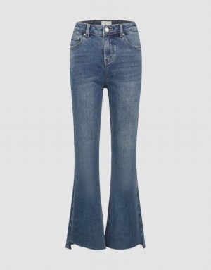 Blue Urban Revivo Raw Hem Flare Women's Jeans | 01238YSWA