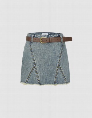 Blue Urban Revivo Raw Hem Mini Women's Denim Skirt | 72649COSQ