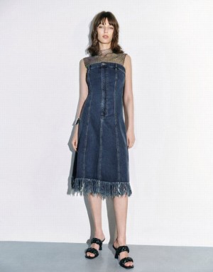 Blue Urban Revivo Raw Hem Sleeveless Women's Denim Dress | 47896PRUQ