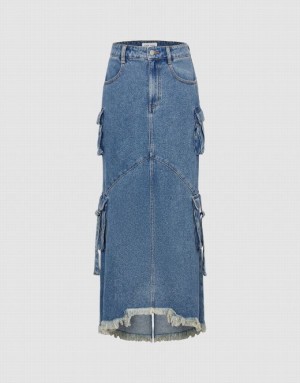 Blue Urban Revivo Raw Hem With Pockets Women's Denim Skirt | 63549ZGHX