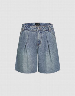 Blue Urban Revivo Raw Hem Women's Denim Shorts | 92416XSOQ