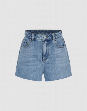 Blue Urban Revivo Raw Hem Women's Denim Shorts | 20846HJWQ