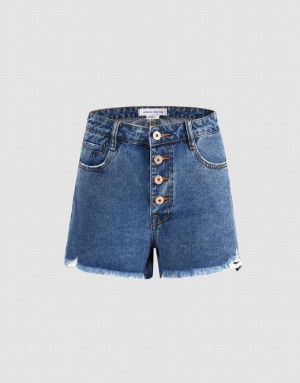 Blue Urban Revivo Raw Hem Women's Denim Shorts | 73214BPDR